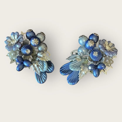 Signed Beau Jewels Vintage Blue Floral Cluster Clip-On Earrings – Mid-Century Statement Jewelry