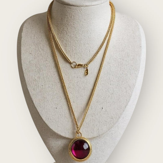 Kenneth Jay Lane Two-Sided Pendant Necklace – Gold-Tone Double Drop with Fuchsia Glass Cabochon & Faux Pearl – 32” Statement Jewelry