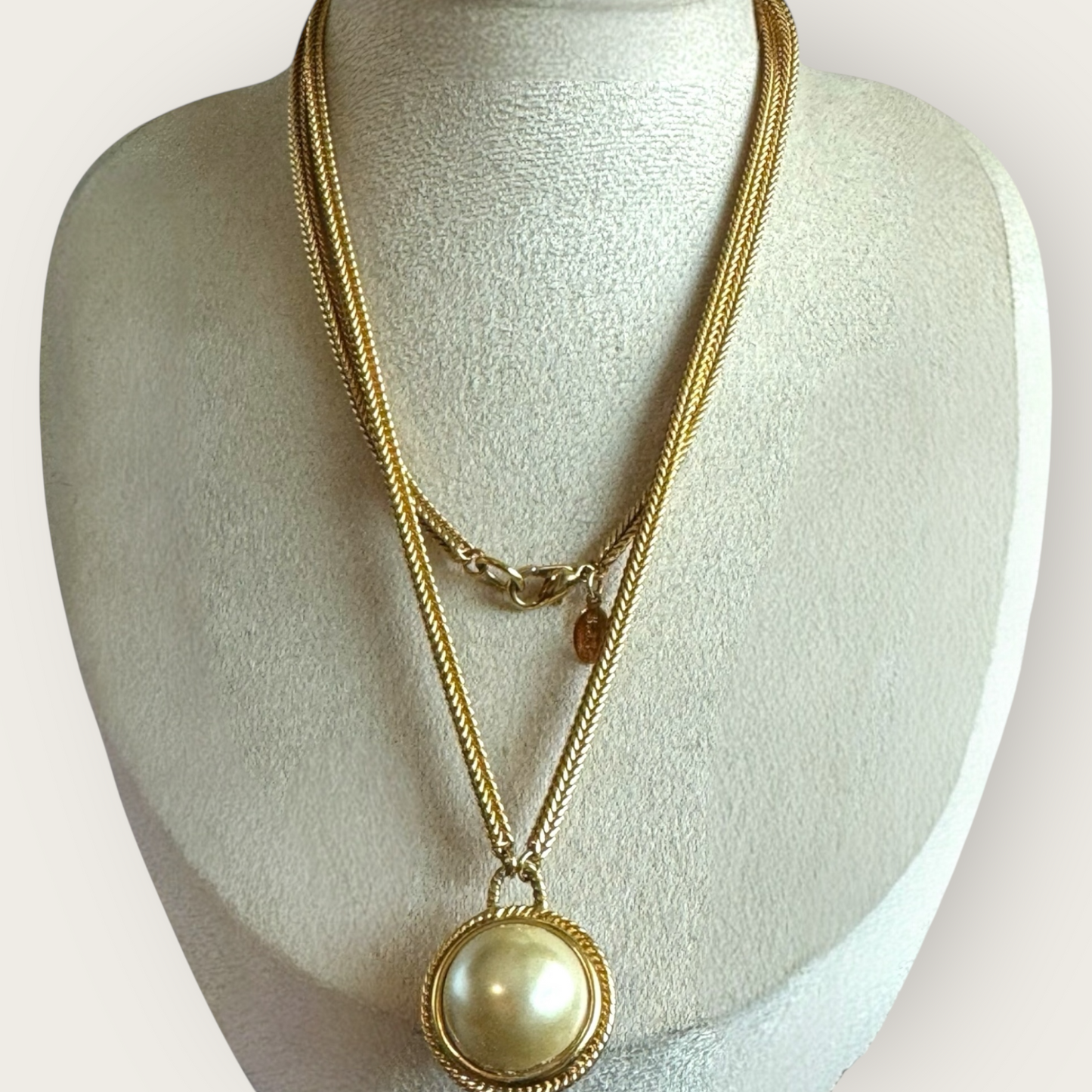 Kenneth Jay Lane Two-Sided Pendant Necklace – Gold-Tone Double Drop with Fuchsia Glass Cabochon & Faux Pearl – 32” Statement Jewelry