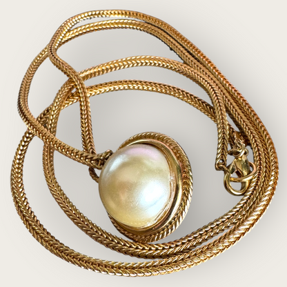Kenneth Jay Lane Two-Sided Pendant Necklace – Gold-Tone Double Drop with Fuchsia Glass Cabochon & Faux Pearl – 32” Statement Jewelry
