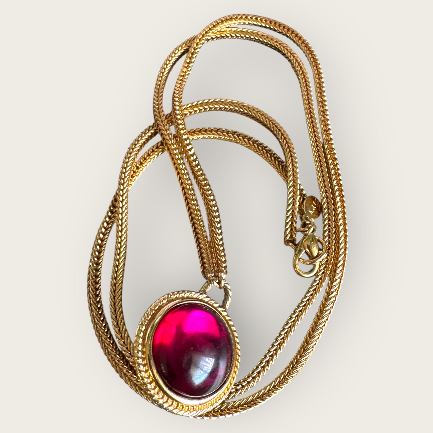 Kenneth Jay Lane Two-Sided Pendant Necklace – Gold-Tone Double Drop with Fuchsia Glass Cabochon & Faux Pearl – 32” Statement Jewelry