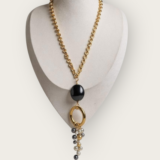 Vintage Kenneth Jay Lane Gold-Tone Chain Necklace with Multi-Tone Pearl Cha-Cha Pendant
