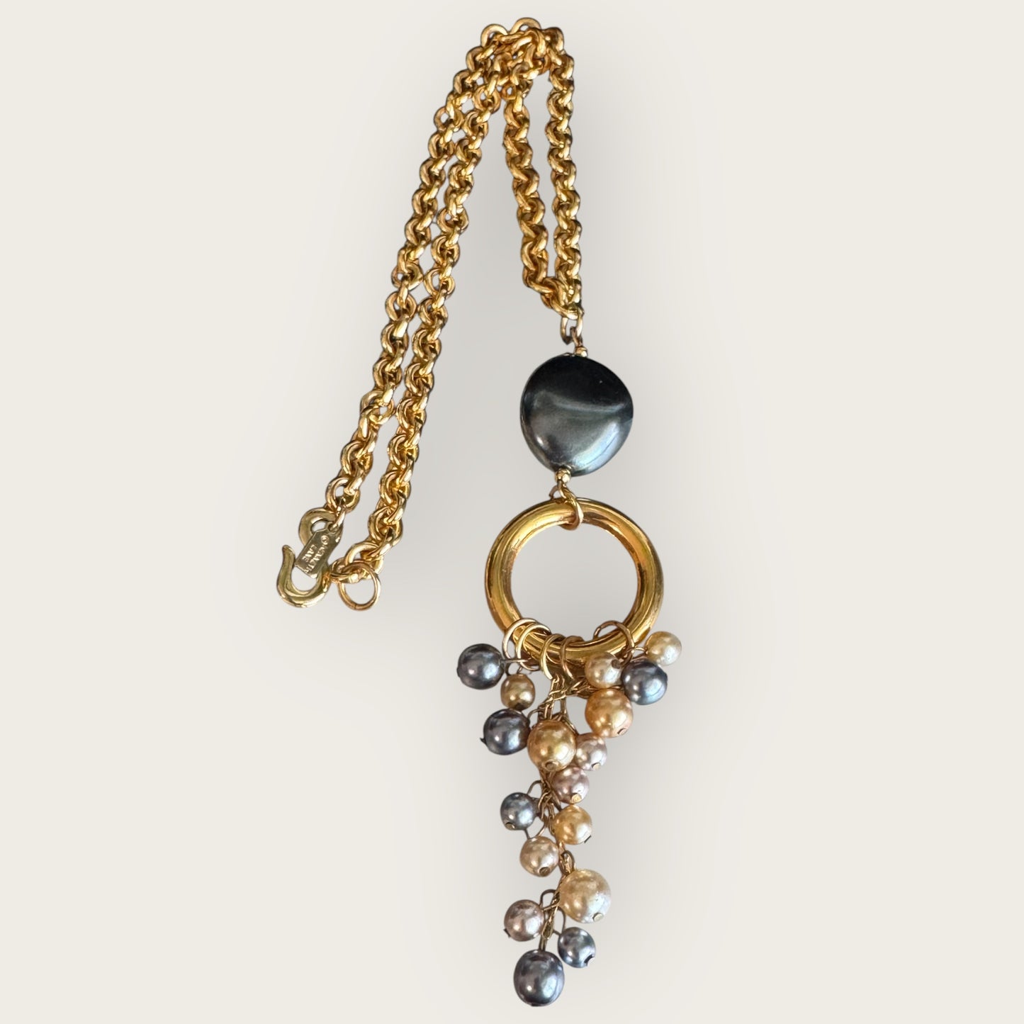 Vintage Kenneth Jay Lane Gold-Tone Chain Necklace with Multi-Tone Pearl Cha-Cha Pendant