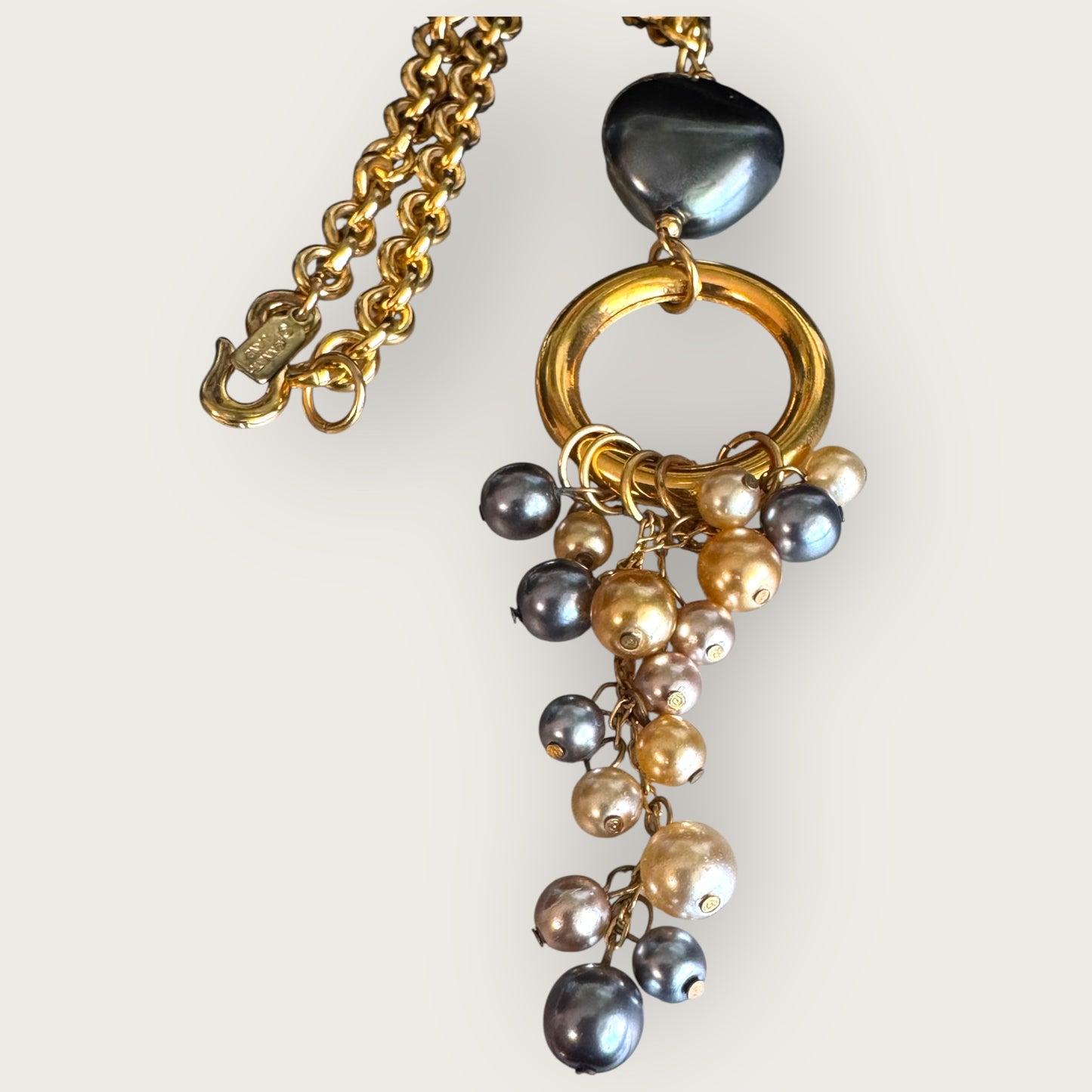 Vintage Kenneth Jay Lane Gold-Tone Chain Necklace with Multi-Tone Pearl Cha-Cha Pendant