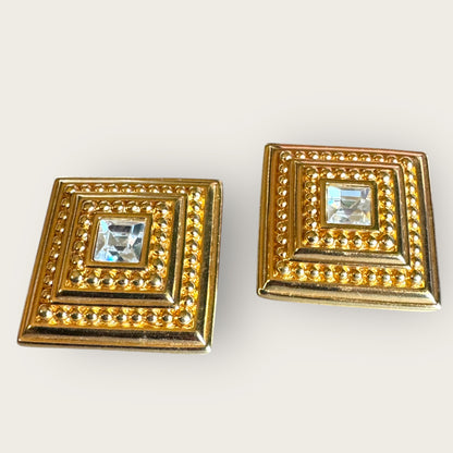 Vintage Swarovski Swan Mark Gold-Tone Beaded Square Post Earrings with Cushion-Cut Crystal