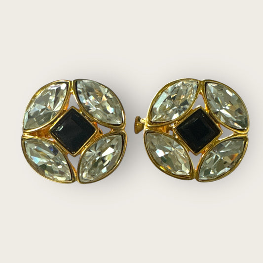 Vintage Napier Crystal & Black Onyx Glass Clip-On Screwback Earrings – Gold-Tone Statement Jewelry
