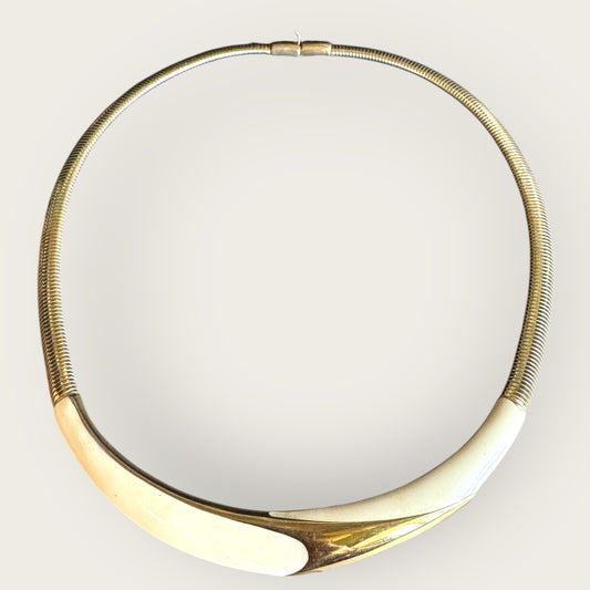 Vintage Monet Omega Chain Necklace with Cream Enamel and Gold Bar – 16 Inch Snap Closure