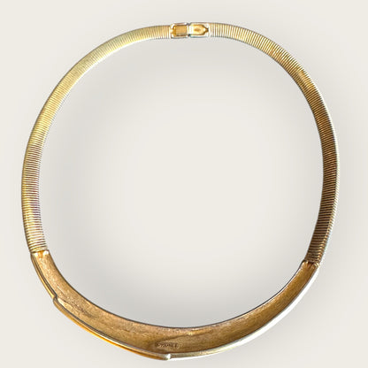 Vintage Monet Omega Chain Necklace with Cream Enamel and Gold Bar – 16 Inch Snap Closure