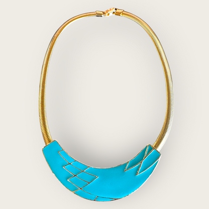 Vintage Omega Chain Necklace with Turquoise Enamel Bar – 16 Inch Gold Tone Collar Choker – Snap Closure
