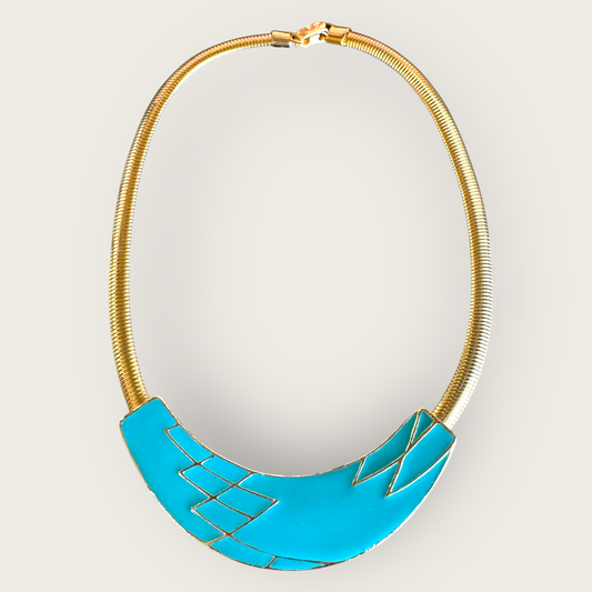 Vintage Omega Chain Necklace with Turquoise Enamel Bar – 16 Inch Gold Tone Collar Choker – Snap Closure