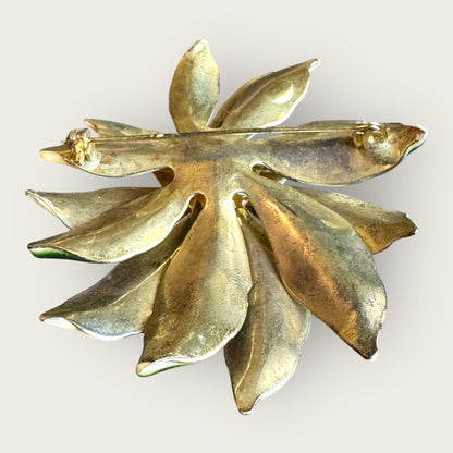 Vintage white poinsettia enamel brooch with green leaves and topaz rhinestone center – 1 inch holiday flower pin