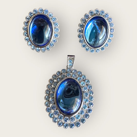 Vintage Unsigned Blue Glass & Rhinestone Double Halo Pendant and Earrings Set