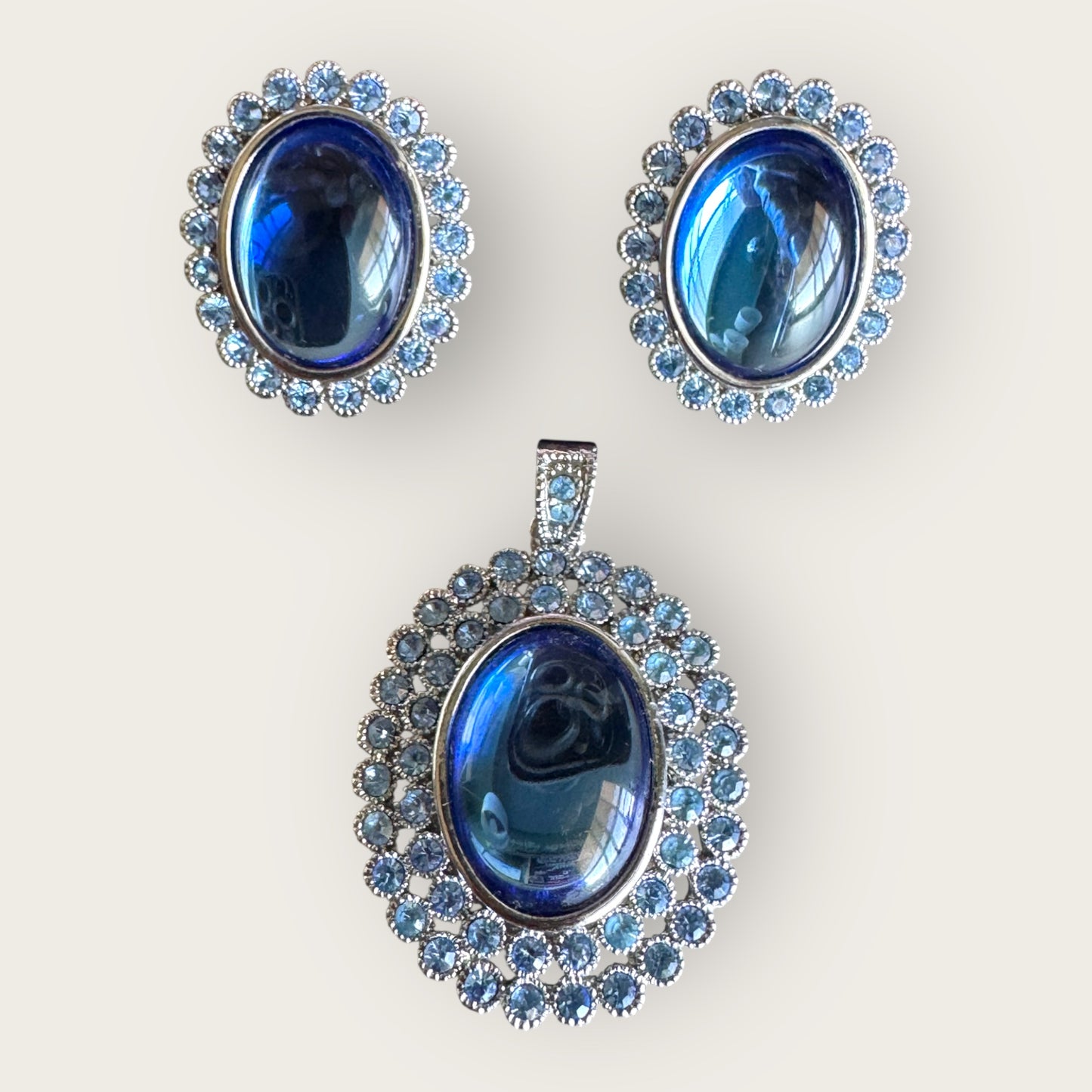Vintage Unsigned Blue Glass & Rhinestone Double Halo Pendant and Earrings Set
