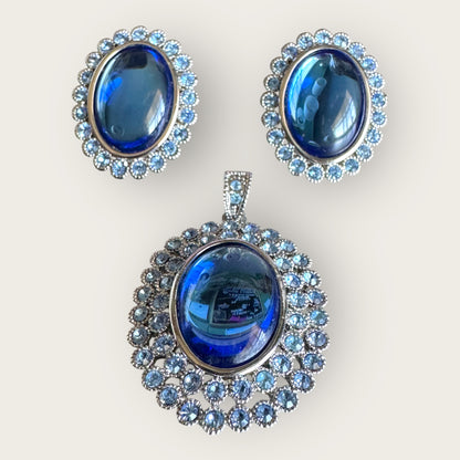 Vintage Unsigned Blue Glass & Rhinestone Double Halo Pendant and Earrings Set