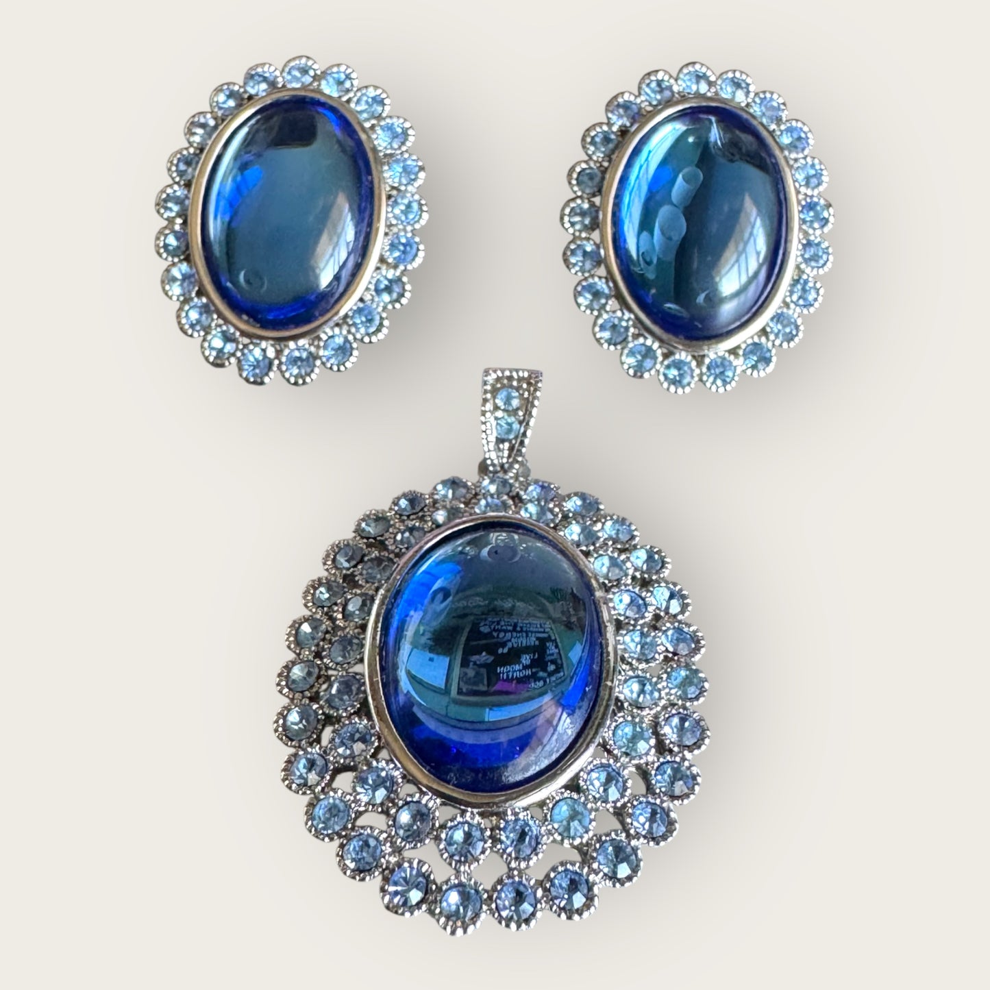 Vintage Unsigned Blue Glass & Rhinestone Double Halo Pendant and Earrings Set