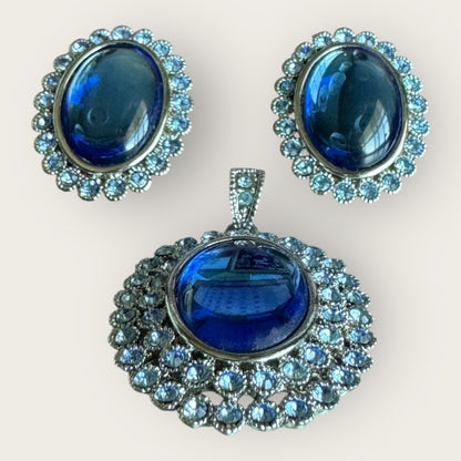 Vintage Unsigned Blue Glass & Rhinestone Double Halo Pendant and Earrings Set