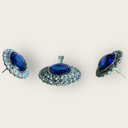 Vintage Unsigned Blue Glass & Rhinestone Double Halo Pendant and Earrings Set