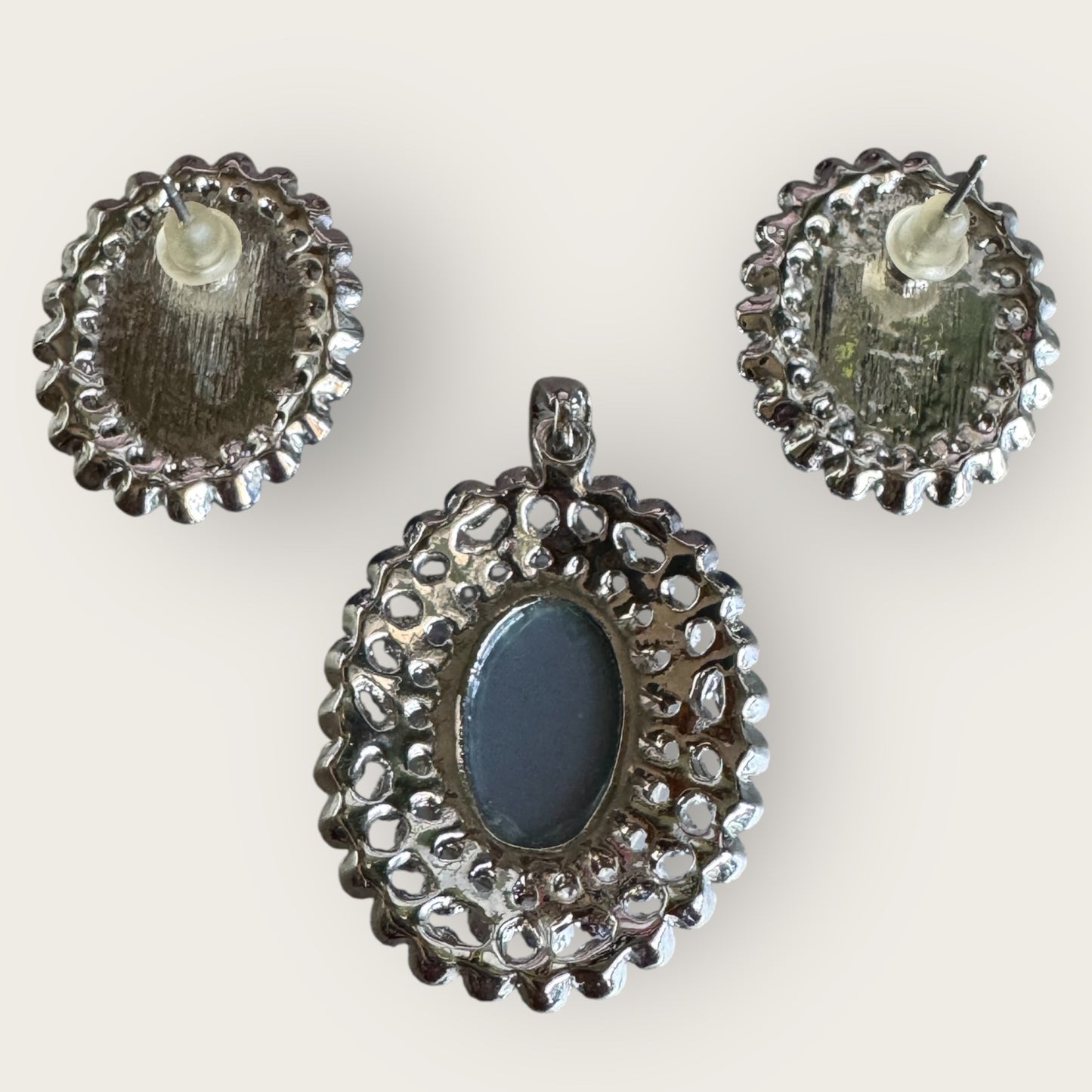 Vintage Unsigned Blue Glass & Rhinestone Double Halo Pendant and Earrings Set