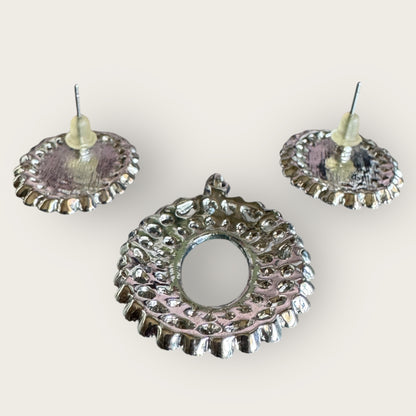 Vintage Unsigned Blue Glass & Rhinestone Double Halo Pendant and Earrings Set