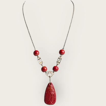 Vintage Asian-Inspired Carved Red Stone Pendant Necklace with Brass-Tone Chain and Glass Beads
