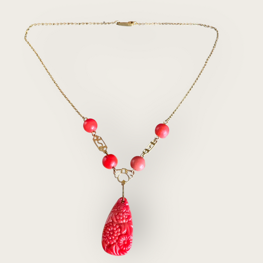 Vintage Asian-Inspired Carved Red Stone Pendant Necklace with Brass-Tone Chain and Glass Beads