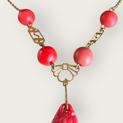 Vintage Asian-Inspired Carved Red Stone Pendant Necklace with Brass-Tone Chain and Glass Beads