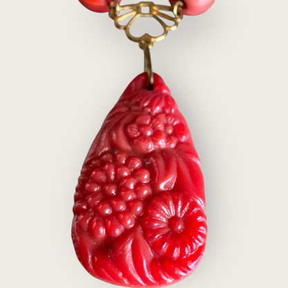 Vintage Asian-Inspired Carved Red Stone Pendant Necklace with Brass-Tone Chain and Glass Beads