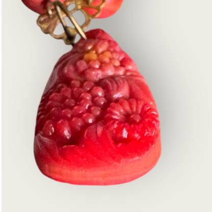 Vintage Asian-Inspired Carved Red Stone Pendant Necklace with Brass-Tone Chain and Glass Beads