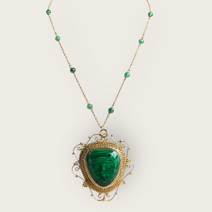 14K Gold Malachite Carved Face Pendant Brooch with Seed Pearls & Emerald Station Chain | Private Collection