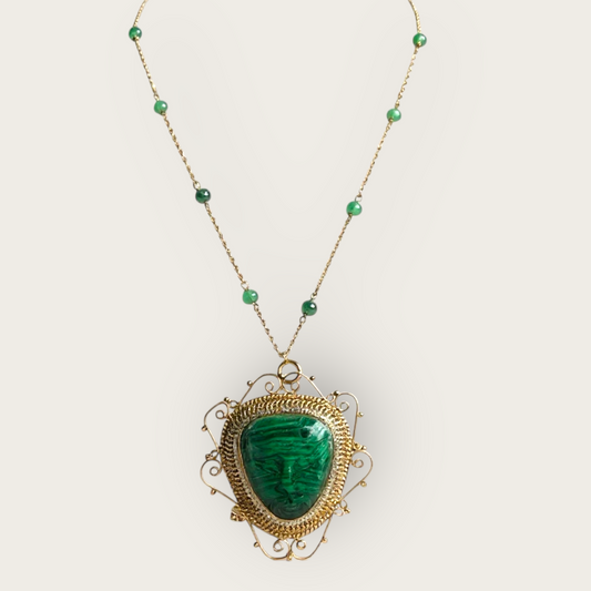 14K Gold Malachite Carved Face Pendant Brooch with Seed Pearls & Emerald Station Chain | Private Collection