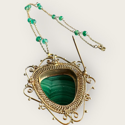 14K Gold Malachite Carved Face Pendant Brooch with Seed Pearls & Emerald Station Chain | Private Collection