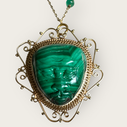 14K Gold Malachite Carved Face Pendant Brooch with Seed Pearls & Emerald Station Chain | Private Collection