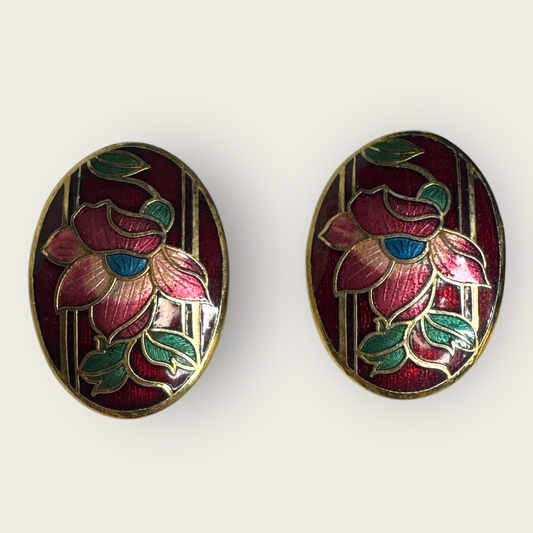 Vintage Cloisonné Floral Clip-On Earrings – Burgundy Enamel with Mauve Lotus