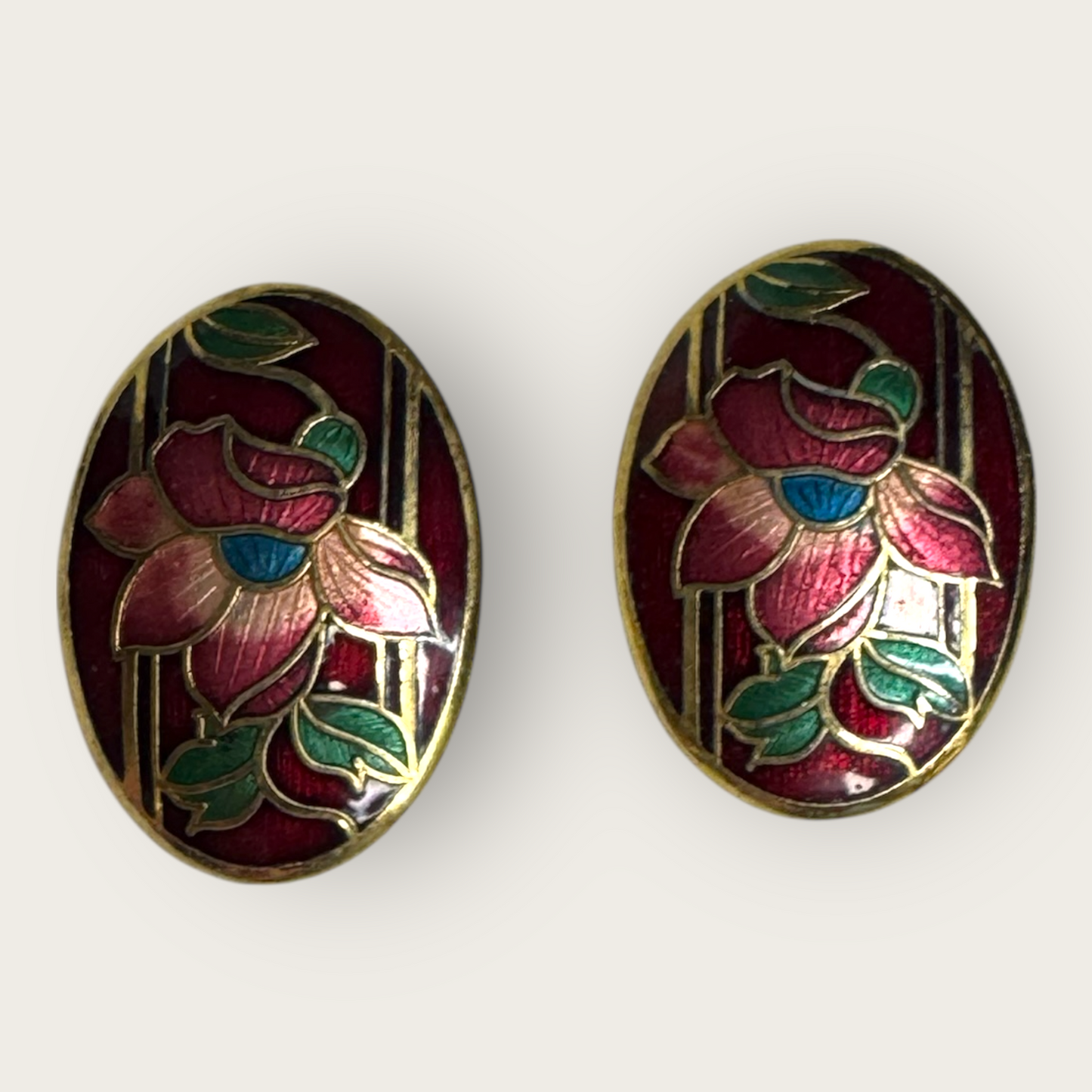 Vintage Cloisonné Floral Clip-On Earrings – Burgundy Enamel with Mauve Lotus