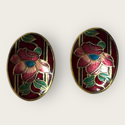 Vintage Cloisonné Floral Clip-On Earrings – Burgundy Enamel with Mauve Lotus