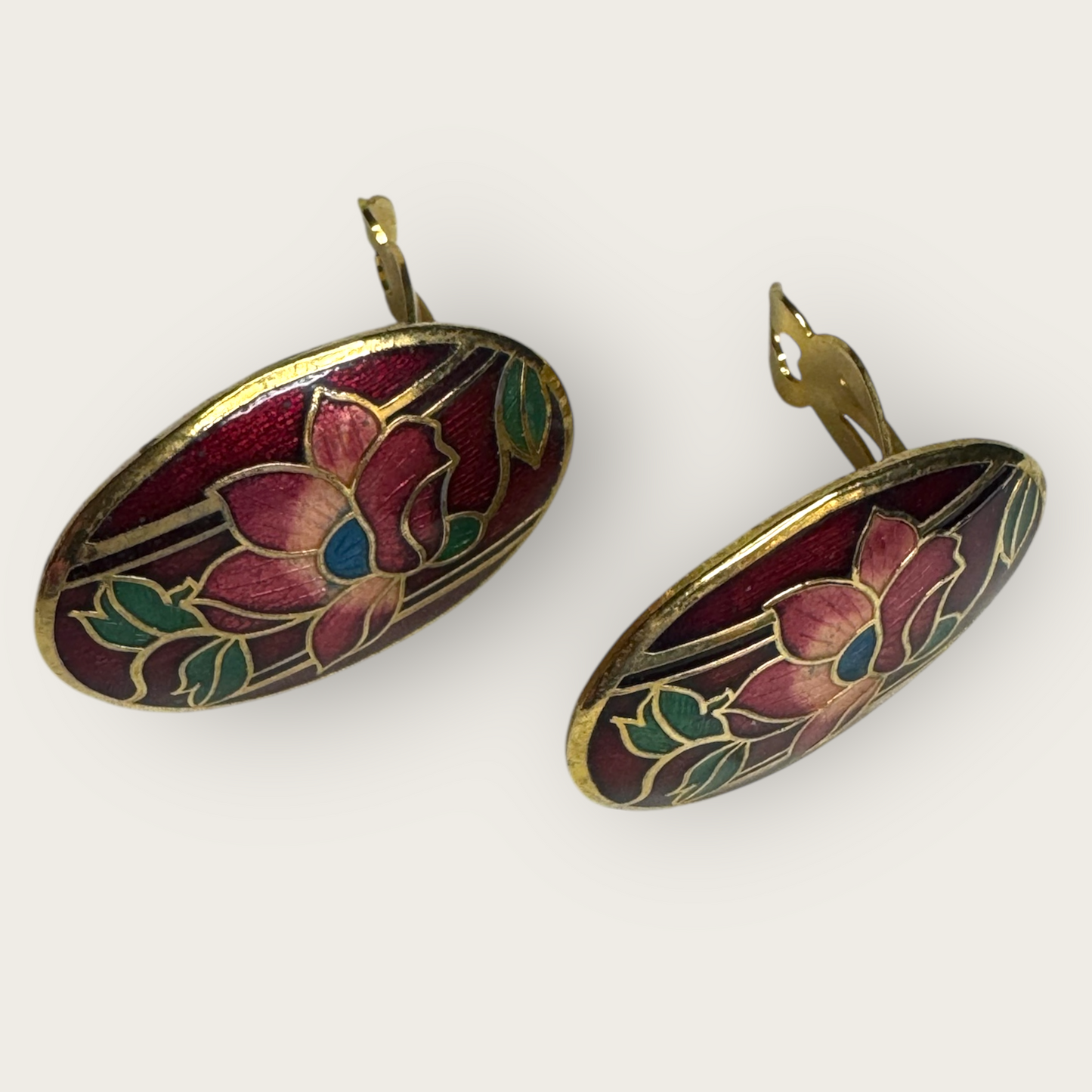 Vintage Cloisonné Floral Clip-On Earrings – Burgundy Enamel with Mauve Lotus