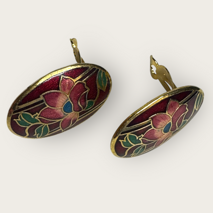 Vintage Cloisonné Floral Clip-On Earrings – Burgundy Enamel with Mauve Lotus