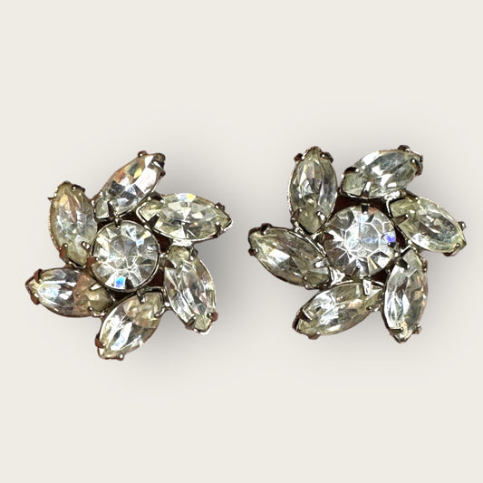 Vintage Clear Rhinestone Pinwheel Screwback Earrings – Mid-Century Silver-Tone