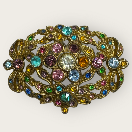 Vintage Multicolor Rhinestone Dome Brooch – Czech Style Floral Design (1920s–1930s)
