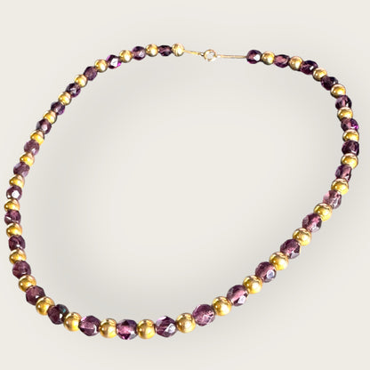 Vintage Purple Czech Glass Necklace with Gold Tone Beads – 17 Inch Faceted Bead Necklace
