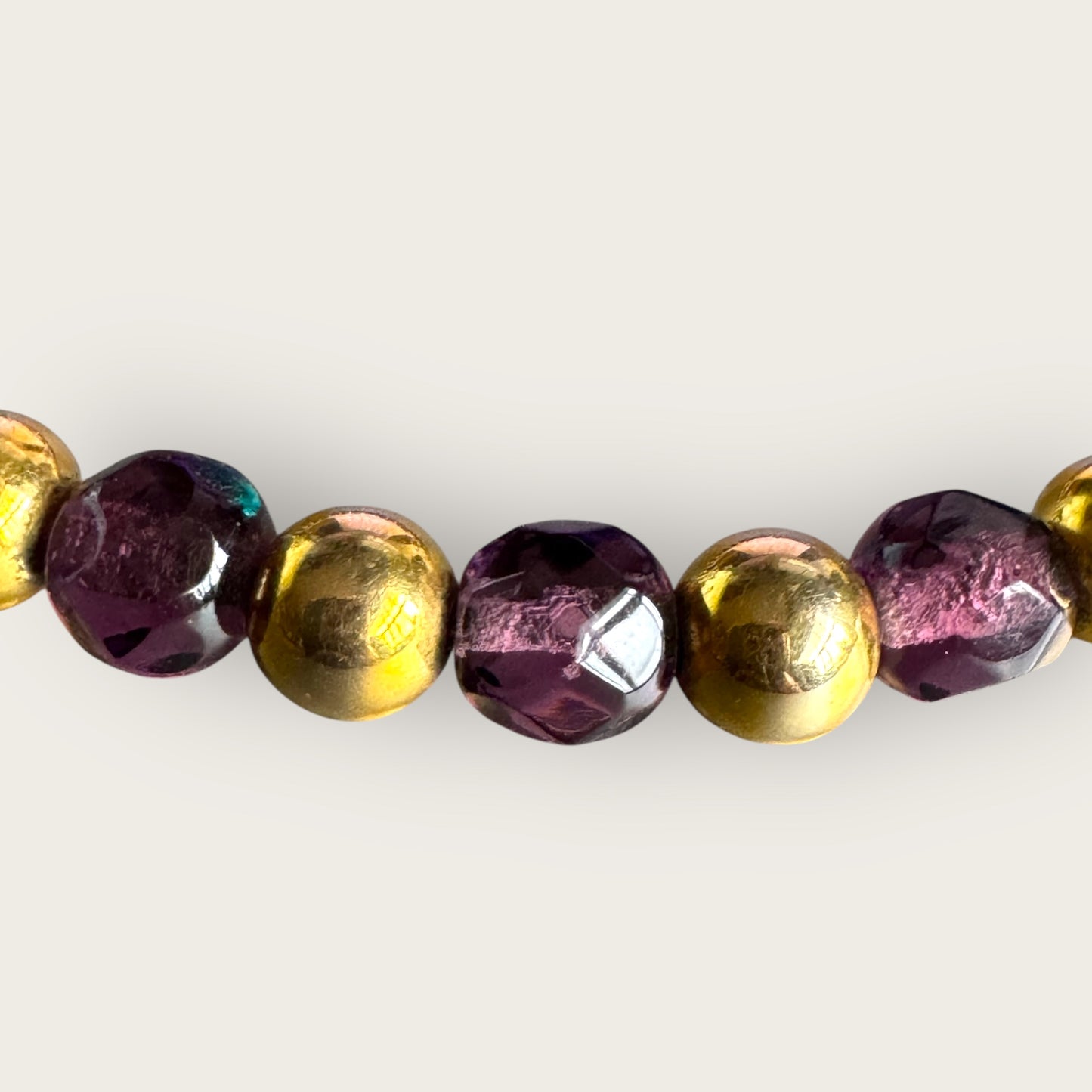 Vintage Purple Czech Glass Necklace with Gold Tone Beads – 17 Inch Faceted Bead Necklace