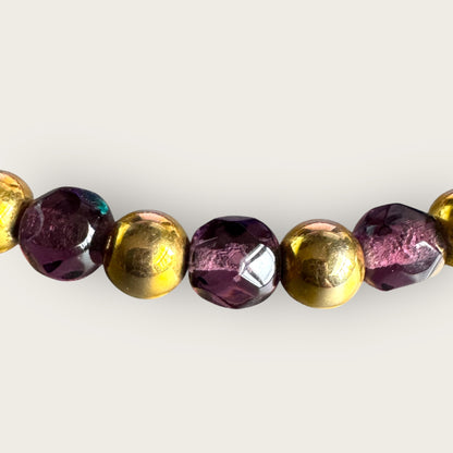 Vintage Purple Czech Glass Necklace with Gold Tone Beads – 17 Inch Faceted Bead Necklace