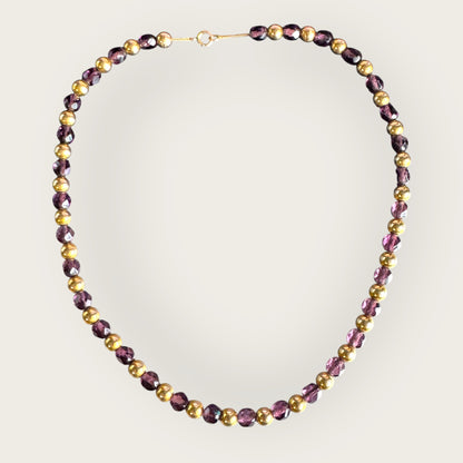 Vintage Purple Czech Glass Necklace with Gold Tone Beads – 17 Inch Faceted Bead Necklace