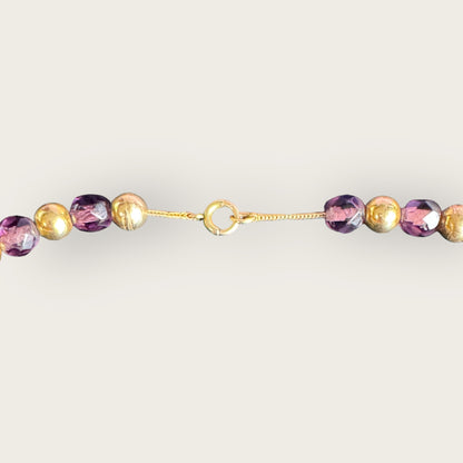 Vintage Purple Czech Glass Necklace with Gold Tone Beads – 17 Inch Faceted Bead Necklace
