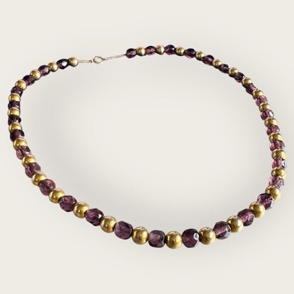 Vintage Purple Czech Glass Necklace with Gold Tone Beads – 17 Inch Faceted Bead Necklace