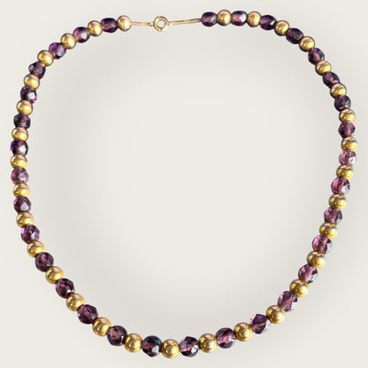 Vintage Purple Czech Glass Necklace with Gold Tone Beads – 17 Inch Faceted Bead Necklace