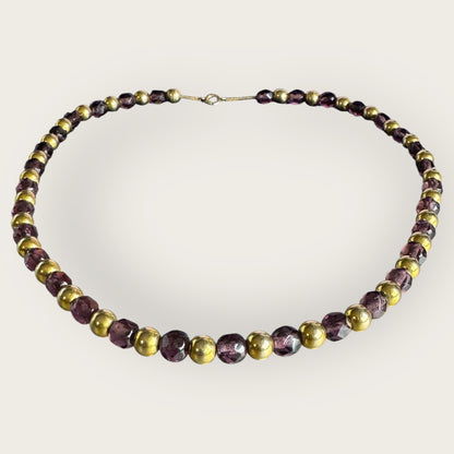 Vintage Purple Czech Glass Necklace with Gold Tone Beads – 17 Inch Faceted Bead Necklace
