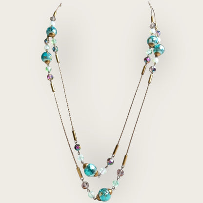 Vintage 56-Inch Murano Glass Necklace with Aqua Foil Wedding Cake Beads and Aurora Borealis Crystals