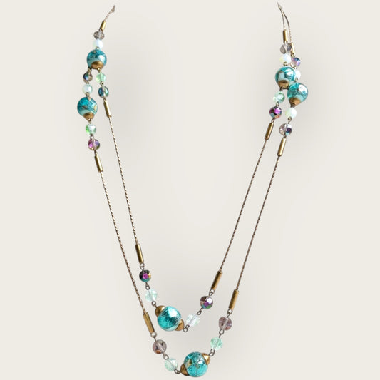 Vintage 56-Inch Murano Glass Necklace with Aqua Foil Wedding Cake Beads and Aurora Borealis Crystals
