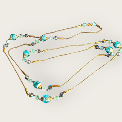 Vintage 56-Inch Murano Glass Necklace with Aqua Foil Wedding Cake Beads and Aurora Borealis Crystals